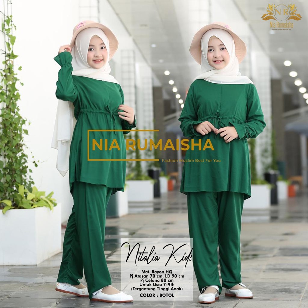baju tunik anak perempuan setelan tunik anak perempuan 6_12 tahun baju anak perempuan baju anak perempuan terbaru 2022 baju setelan anak perempuan polos umur 6-12 thn-Hijau