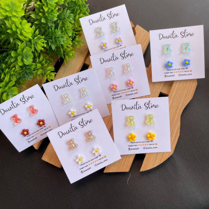 HANDMADE ANTING ANAK/DEWASA ANTING TUSUK PLASTIK MOTIF BEAR-FLOWER (BUNDLE)