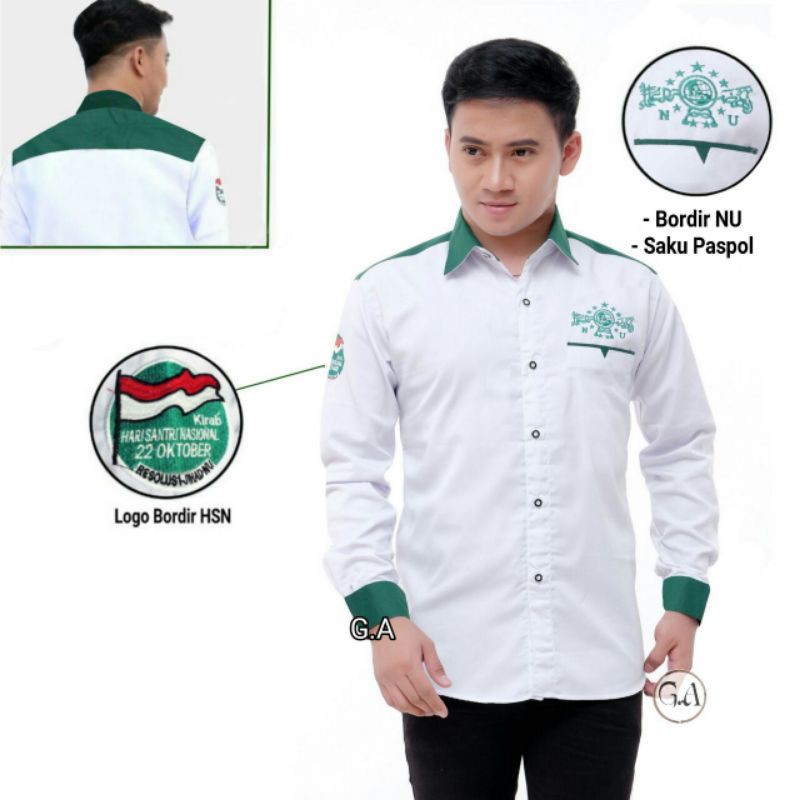 Baju Koko NU HSN warna putih kombinasi hijau (hari santri nasional)