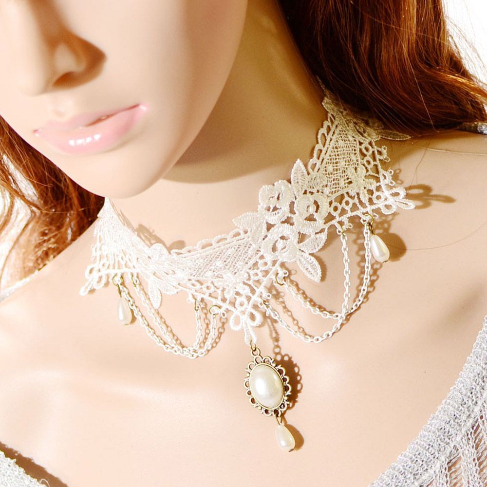 Kalung Gothik Etnik Putih Gaun Pernikahan Kain Renda Lace Necklace Gothic Flower Punk Rock