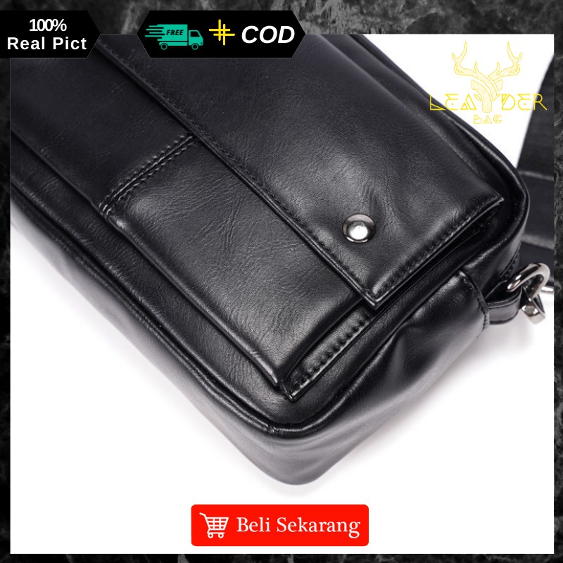 Tas Selempang Kulit Pria Original Trendi Warna Hitam Atau Tas Kulit Cowok Import Terbaru Waterproof