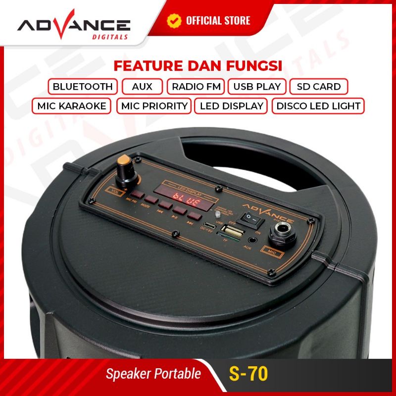 Speaker Advance S 70 BT Bluetooth Plus Mic Karaoke Advance S70 Speaker Meeting 8&quot; inch s70 Wirelles Portable