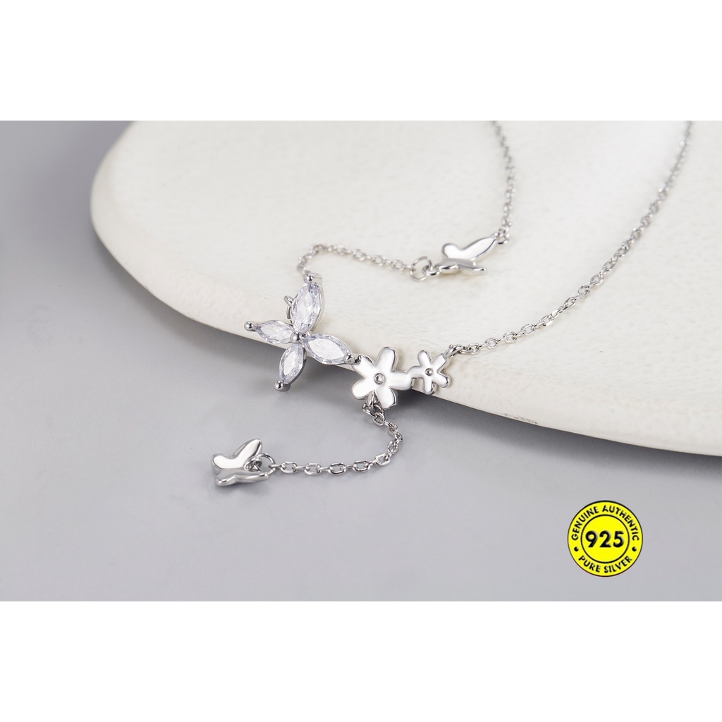 Kalung Rantai Sterling Silver 925 Dengan Liontin Bunga + Kupu-Kupu Untuk Wanita / Musim Panas Butterfly