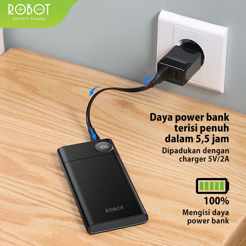 PowerBank ROBOT 10000mah RT190 2.4A Dual Input Port Type C &amp; Micro USB Original Fast Charging Real Capacity - Garansi Resmi 1 Tahun