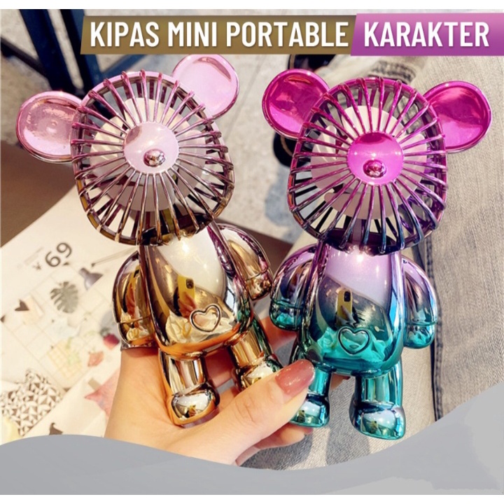 Kipas Angin Mini Portable Beruang Gradasi LUCU USB Charge Fan 3-Speed MINI FAN BEAR Rechargeable