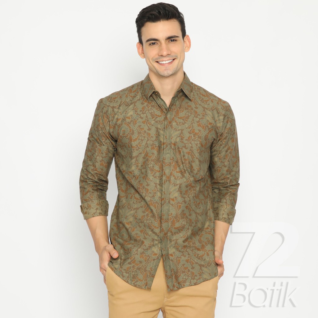 BATIK PRIA LENGAN PANJANG Kemeja Hem Slimfit Premium Motf Elegant Warna Hijau Alam 727513 Cap 72 - Baju Kemeja Atasan Pakaian Setelan Batik Pria Cowok Laki Laki Remaja Keluarga Kantor Lengan Panjang Modern Slimfit Slim Fit Premium Kekinian