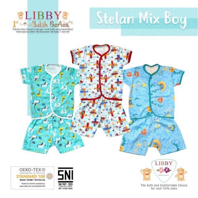 LIBBY Setelan Bayi Lengan Pendek Kancing Depan Uk. 0-3, 3-6, S, M, L