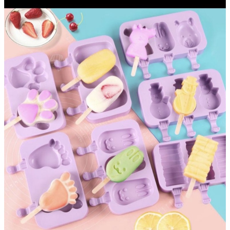 BISA COD ' Set Cetakan Es Krim Popsicle Silikon Aneka Motif Karakter Lucu / Ice Cream Mold Premium