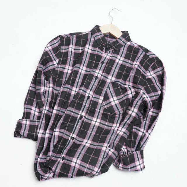 YB KEMEJA FLANEL PRIA MOTIF KOTAK LENGAN PANJANG SLIM FIT MODEL LONG SLEEVE BLACK CHECK