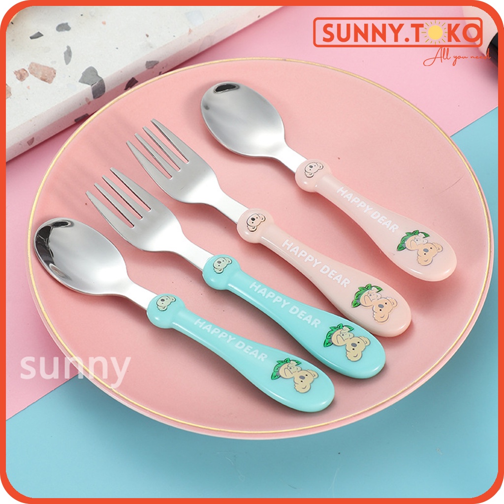 Setelan sendok anak stainless steel 304 anak sendok garpu makan bayi set 3 in 1