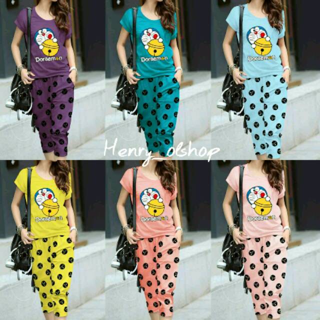 BAJU SETELAN DORAEMON WARNA UNGU BIRU MUDA TURKIS KUNING PEACH PINK KAOS WANITA CEWEK CEWE PEREMPUAN