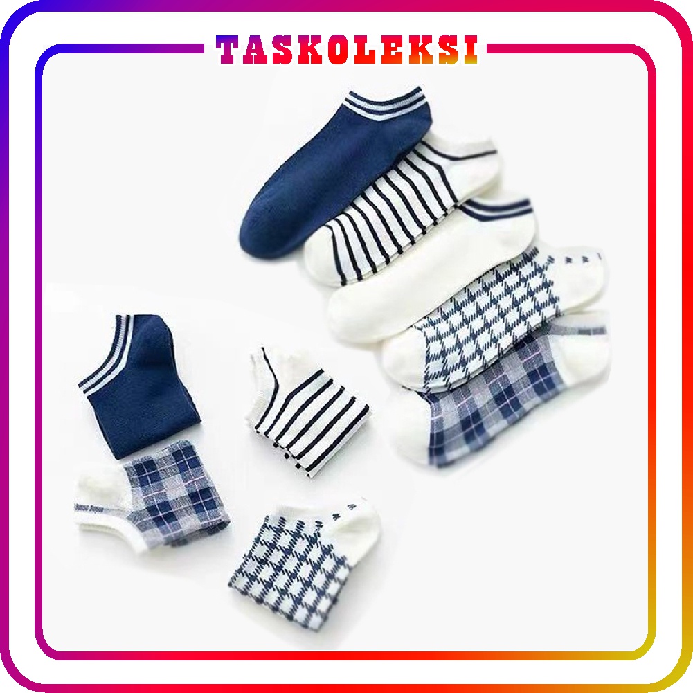 ☛TK☚ Kaos Kaki Wanita Motif Kotak Biru Navy Fashion Korea Women Sock Import Murah K003