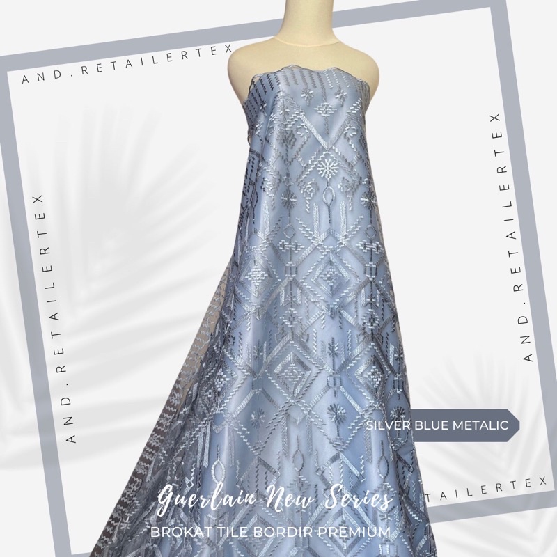 Bahan Kebaya Premium Brokat Tile Bordir Guerlain Warna Silver Blue Metalic