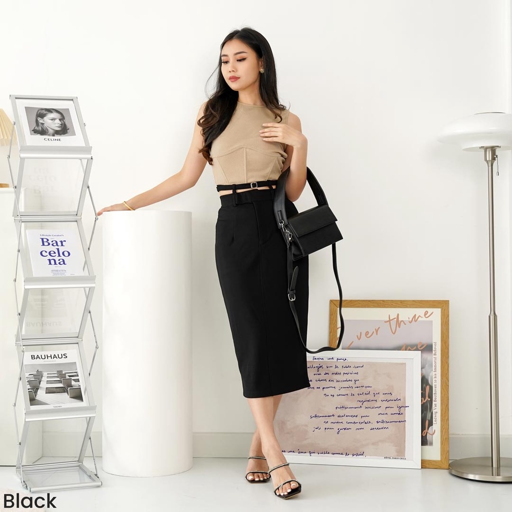 Midi Skirt Upper Belt Bawahan Rok Wanita