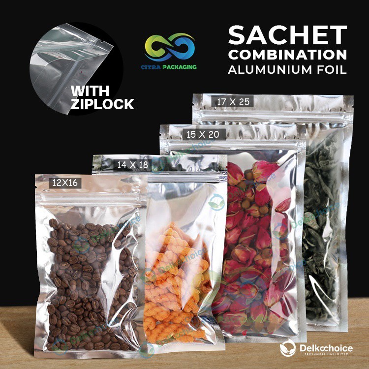PLASTIK SACHET SASET KEMASAN MAKANAN TRANSSILVER KOMBINASI ALUMUNIUM FOIL ZIPLOCK