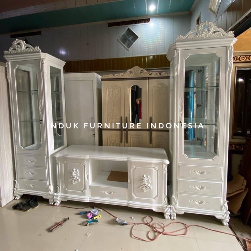 BUFET TV LEMARI PAJANGAN DUCO PUTIH MEWAH. LEMARI HIAS PAJANGAN.(bufet tv + lemari pajangan )