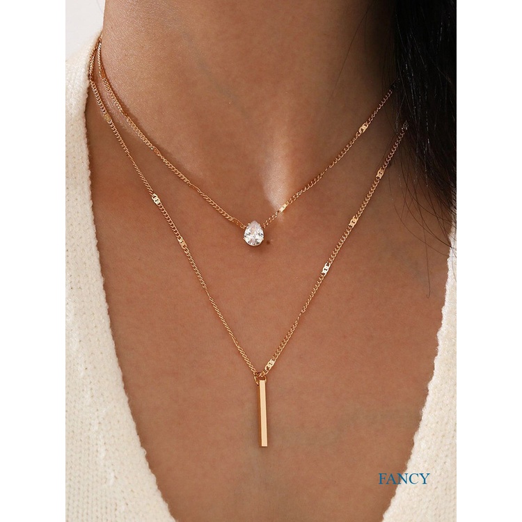 Set Kalung Liontin Kristal Berlian Imitasi Bentuk Persegi Geometris Warna Emas Gaya Vintage Untuk Wanita