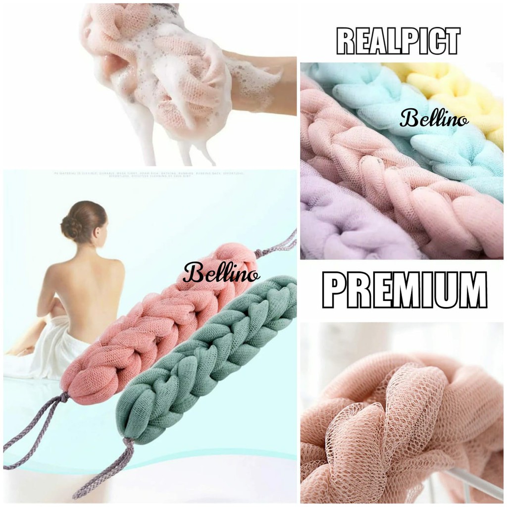 Spon Mandi Premium Bentuk Kepang Bahan Mesh PE Scrubber Puff Penggosok Punggung Saat Mandi Shower