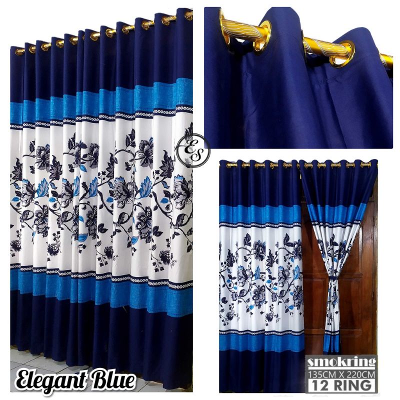 Gorden Pintu Jendela  Smokering 12 Motif Elegan Blue Sakura / Korden Bunga Bisa Cod