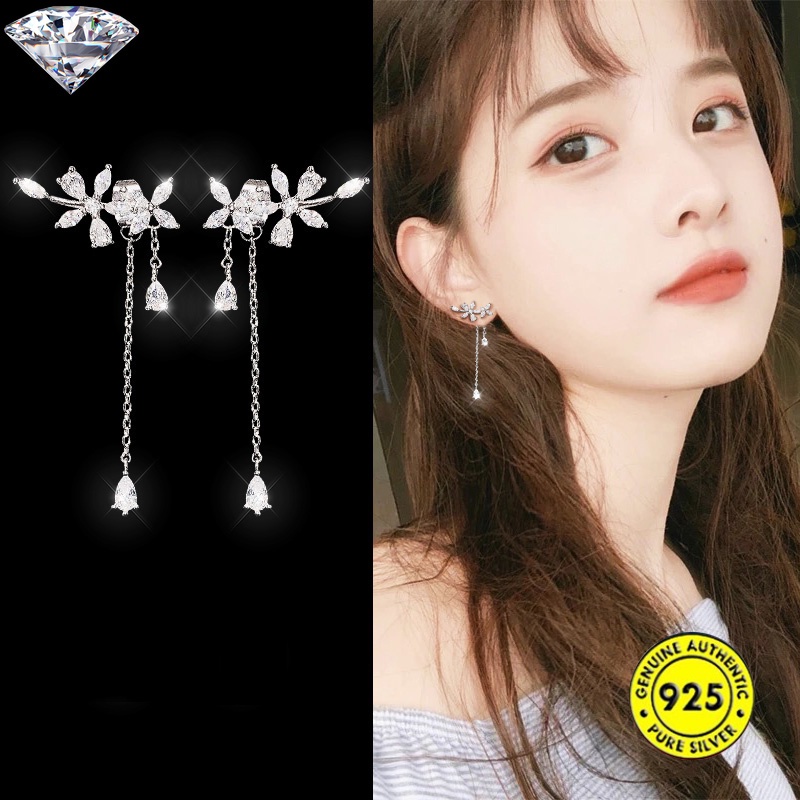 Anting Rumbai Bentuk Bunga Aksen Berlian Bahan S925 Silver Gaya Korea Untuk Wanita