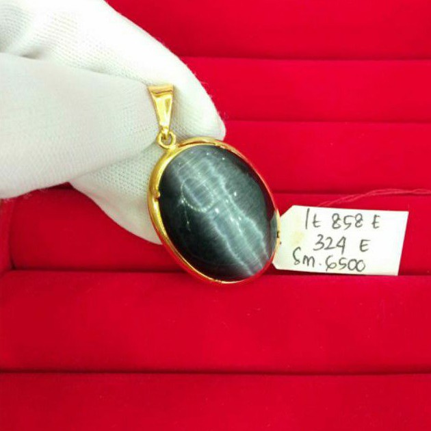 Lt858E324E liontin emas permata hitam black cat eyes perhiasan emas kuning asli antik langka oval