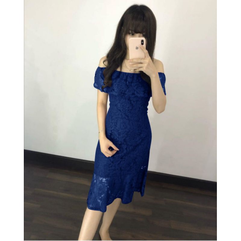 DRESS PESTA REMAJA PEREMPUAN SABRINA BROKAT, GAUN MALAM ANGGUN, Dinner