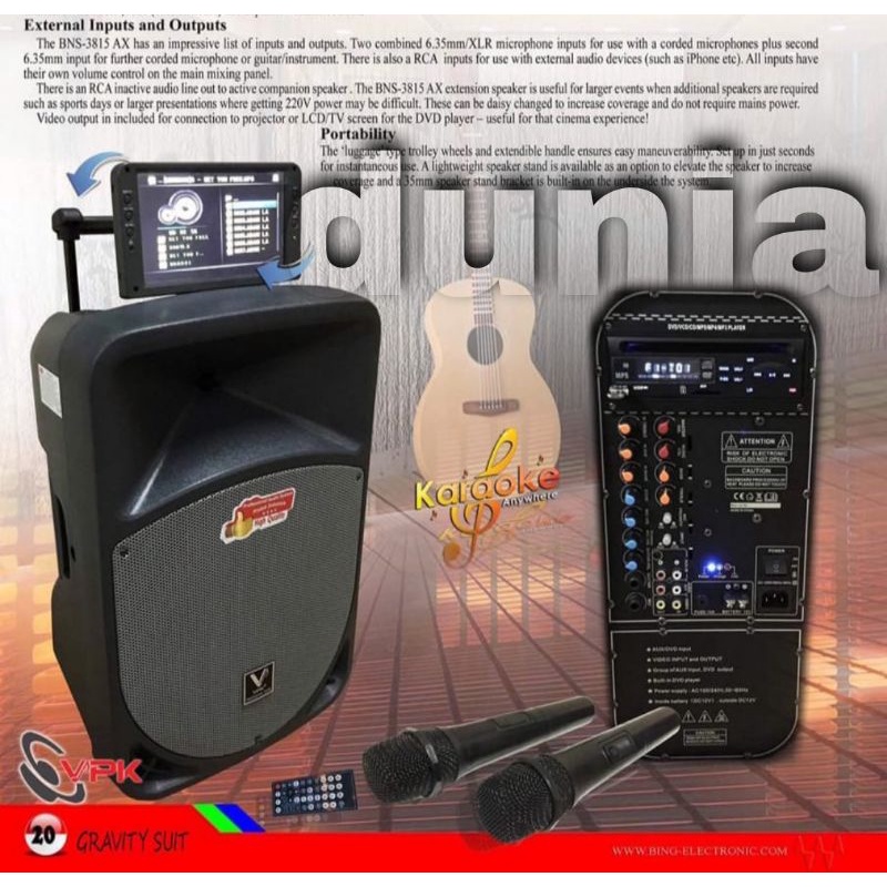 Speaker Portable Wireless VPK BNS 3815 AX With DVD Original 15 inch