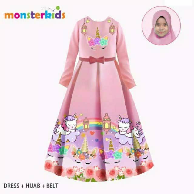 Dress gamis anak remaja  unicorn rainbow import ready stock murah