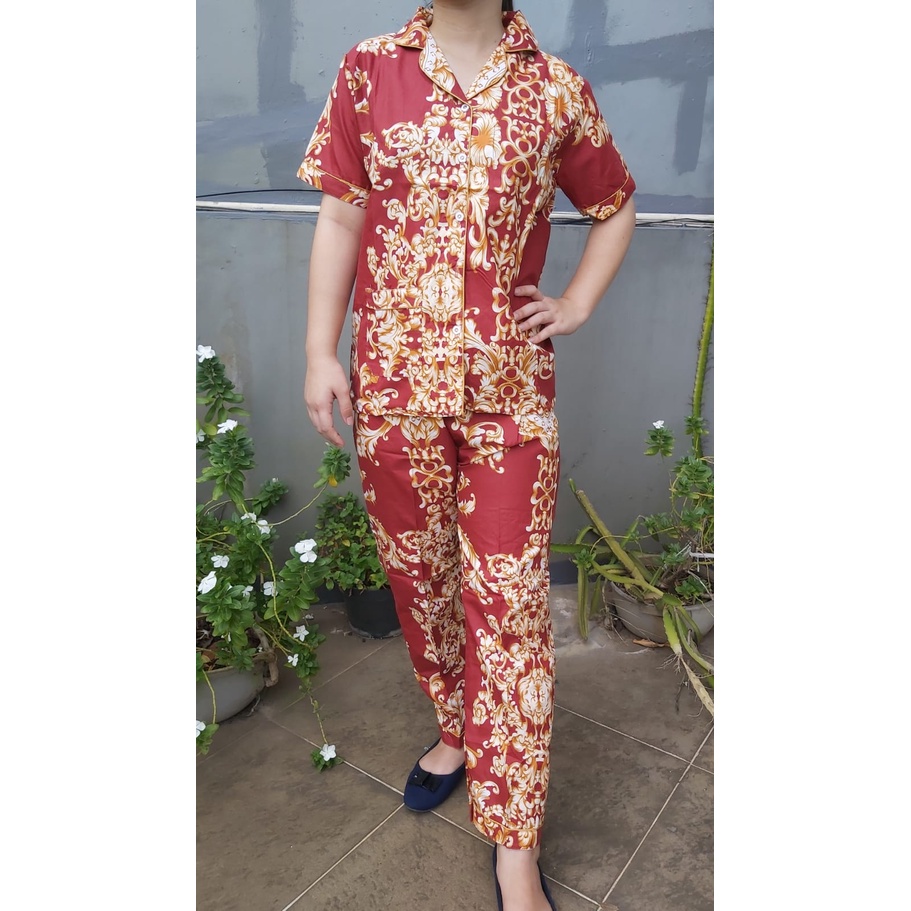 JNV Piyama CP Wanita Motif Batik Sultan - Baju Tidur Lengan Pendek - Bahan Katun-Sultan B.Besar Marun