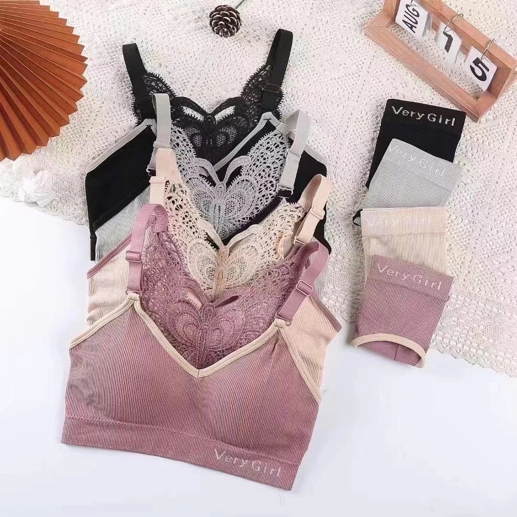 Inner99 Bra Wanita 1 Set Motif Kupu Kupu / BH Busa Tanpa Kawat Pakaian Dalam Wanita Import 081