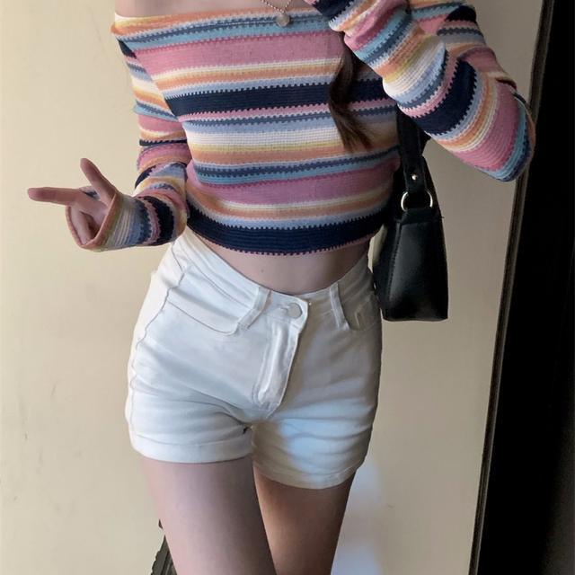 Red keinginan murni manis dan pedas gaya pelangi bergaris sweater lengan panjang wanita 2022 awal musim gugur baru satu bahu atasan tipis bottoming