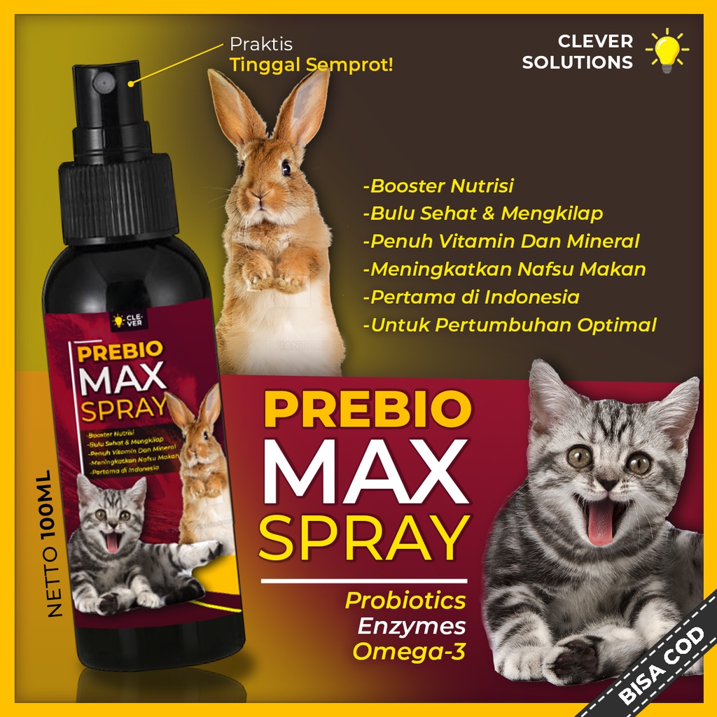 Vitamin Kucing PREBIO MAX SPRAY Boost Nutrisi Makanan Kucing Pelebat &amp; Penumbuh Bulu Kucing Suplemen Kucing by Clever Solutions Macxcat Olive Care Body Big Cat Furicat Bigicat Dewarangga