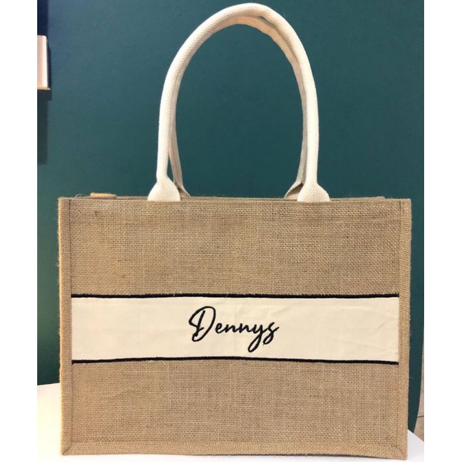 Tas goni jute bag goni laminasi custom nama list putih tote bag