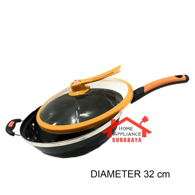 Panci Wajan Goreng Enamel Wok Pan Penggorengan Serbaguna Tutup Kaca Anti Lengket 32 CM Q2 3205