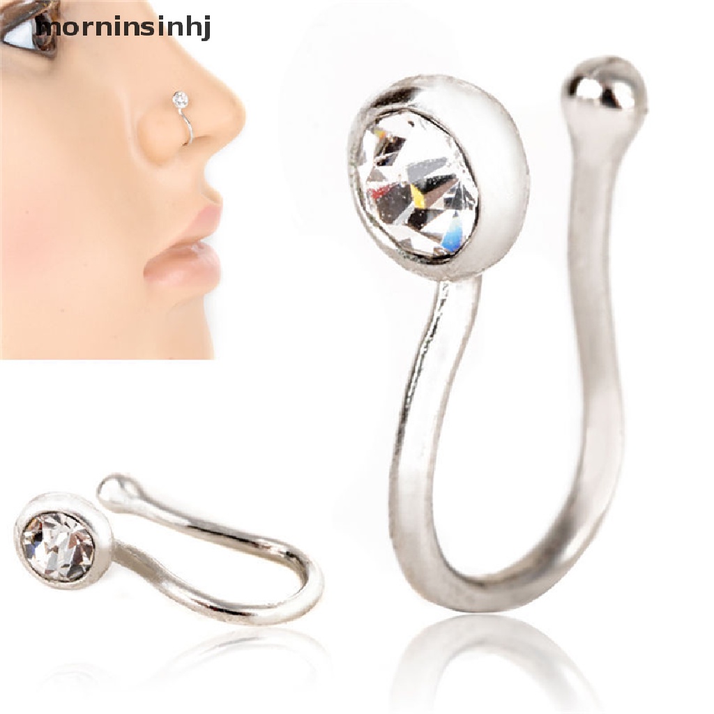 Mornin Anting Tindik Hidung / Bibir Anti Slip Bahan Stainless Steel Dengan Kristal Untuk Wanita