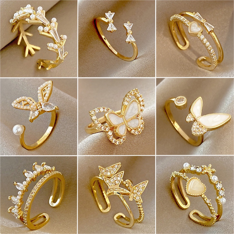 Butterfly Cincin Model Terbuka Bahan Titanium Steel Desain Kupu-Kupu Hias Kristal Mutiara Adjustable Untuk Wanita