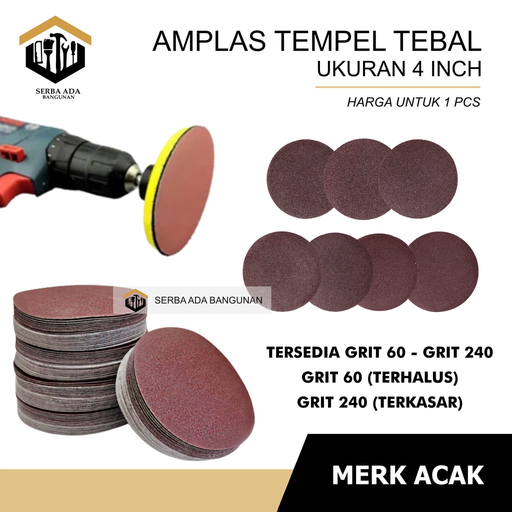 AMPLAS BULAT VELCRO GERINDA 4 INCH GRIT 60 80 100 120 150 180 240 / TEMPEL GURINDA REKAT BAGUS