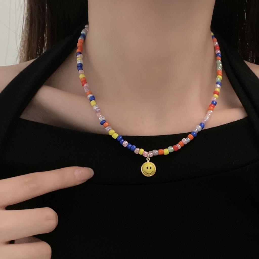 Kalung Rantai Klavikula Hias Manik-Manik Smiley Warna-Warni Untuk Aksesoris