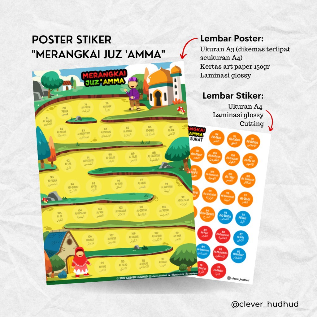 Poster Hafalan Juz Amma / Poster Edukasi Anak Islami / Poster Anak Muslim - POSTER STIKER "Merangkai