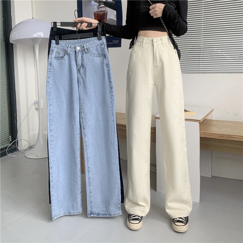 JEANS HIGHWAIST PANTS DENIM BLACK/BLUE/APRICOT/WHITE LOOSE KOREA