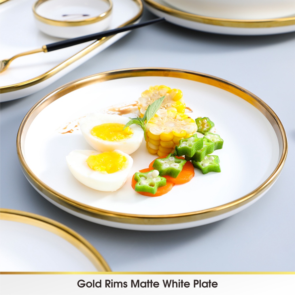 [SATUAN] WHITE - Piring Mangkok Makan Keramik Pinggiran Emas Cantik Ceramic Mewah Western Steak Gold Rim Plate