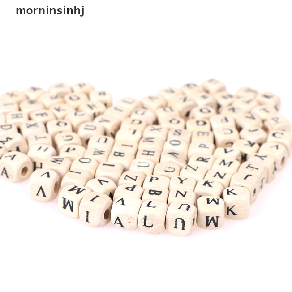 Mornin 100pcs Manikmanik Kayu Alami Bentuk Alfabet 10mm 8mm Dengan Kotak