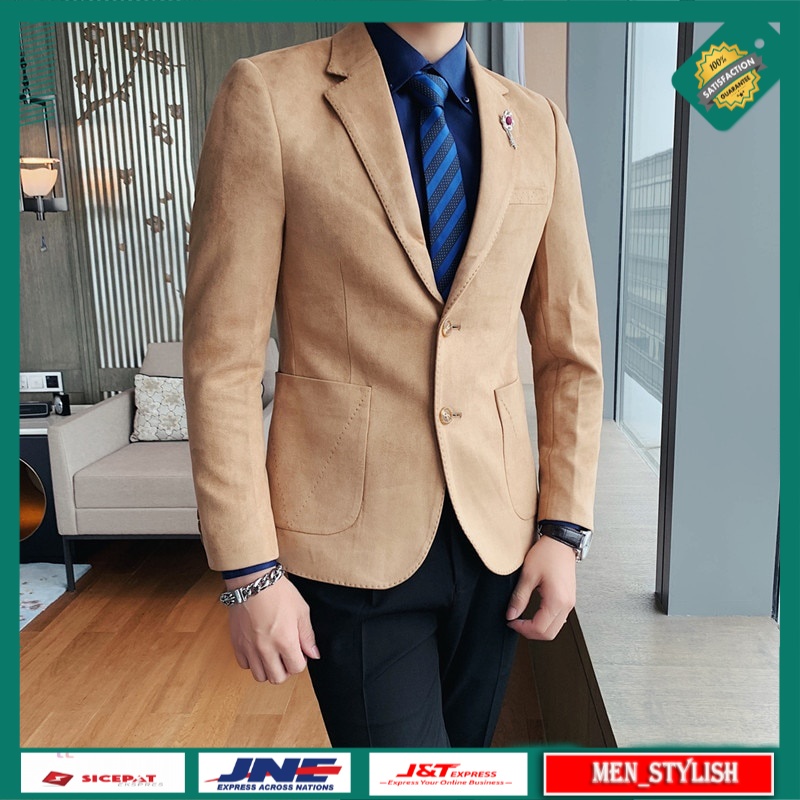 Blazer Pria Casual Premium Suede Leather Blazers Mens Elegant Fashion Mens Clothes For Young Men Gen
