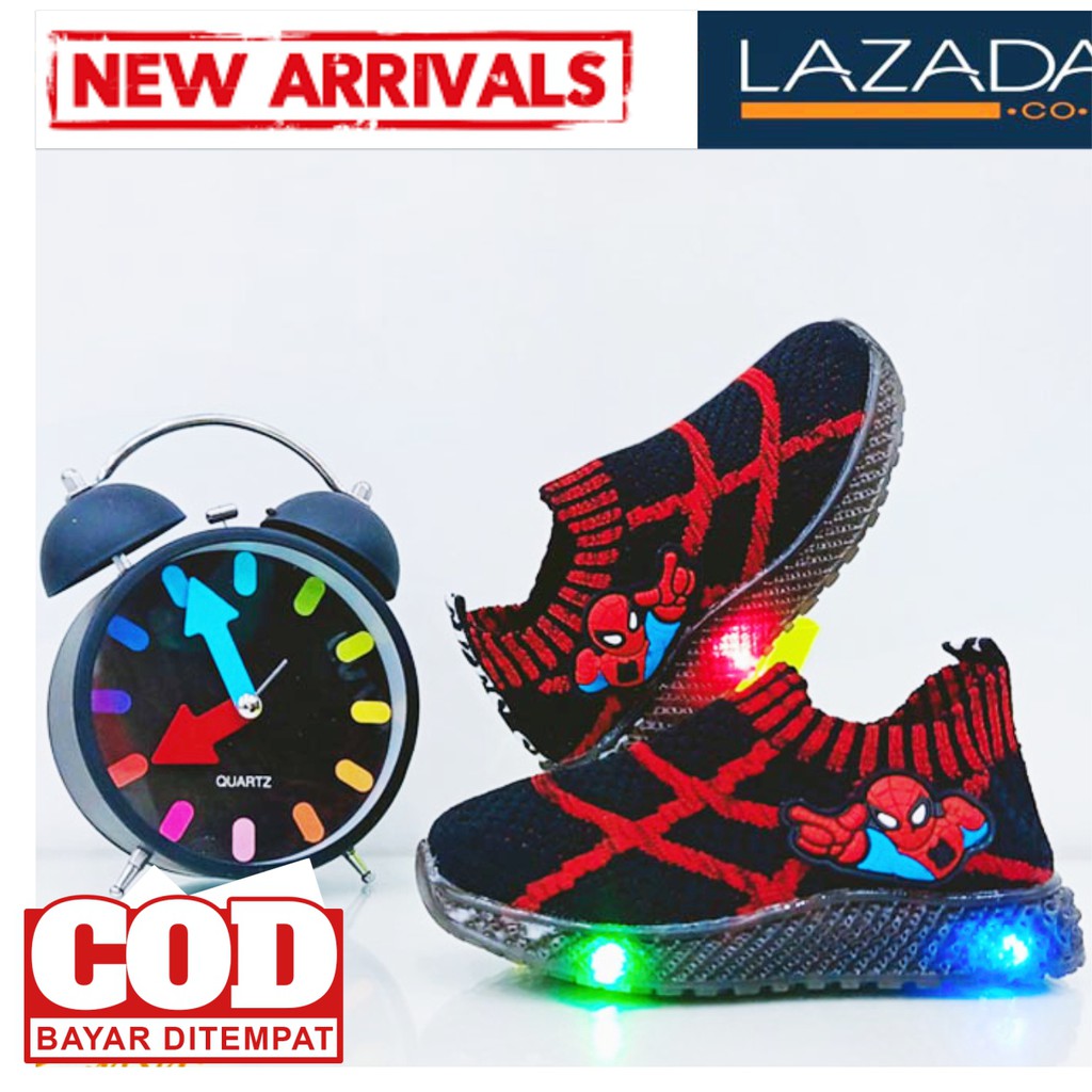 Sepatu sneaker spiderman anak laki -laki slip on led berkelip 23-31 bisa cod