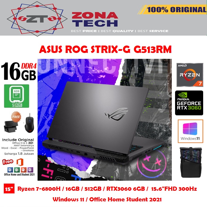 ASUS ROG STRIX G15 G513RM - RYZEN 7-6800H - 16GB - 512GB SSD - NVIDIA RTX3060 6GB - 15.6&quot;FHD 300Hz - WIN11 - OHS