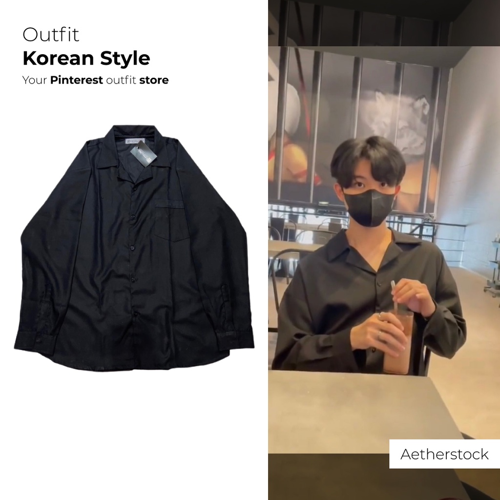 Kemeja pria korean style polos kerah v neck lengan panjang hitam dan coklat original murah M L XL- k