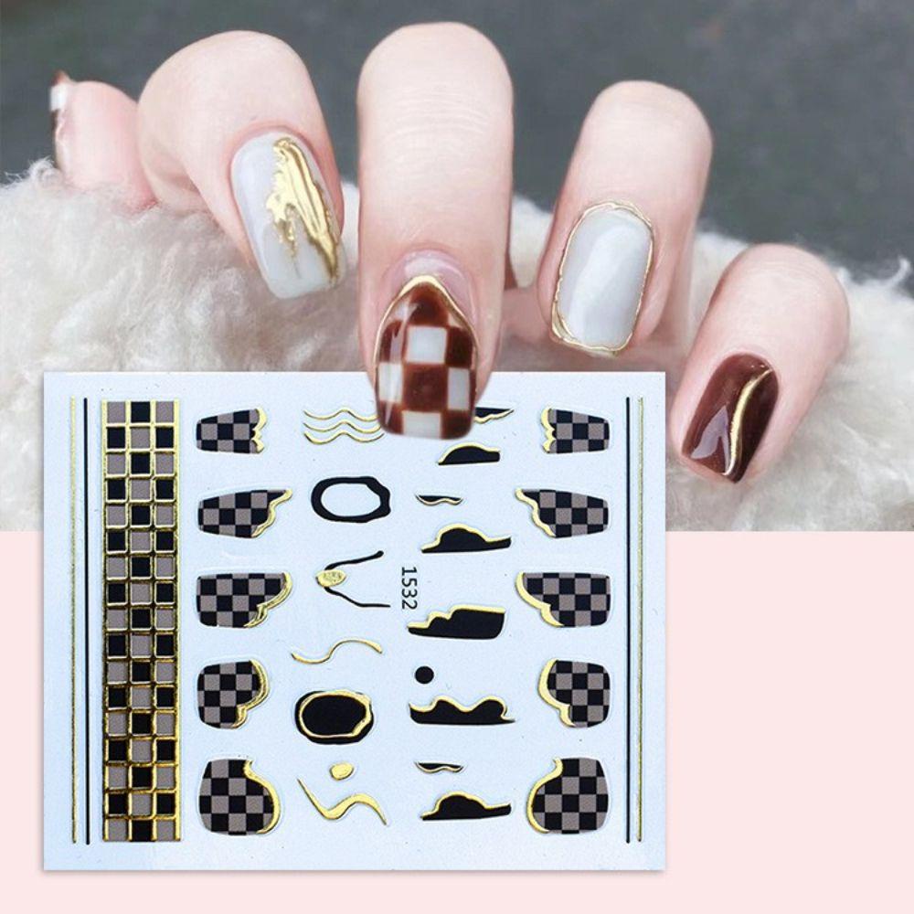 Mxbeauty Stiker Kuku Perekat Stamping Emas Kotak-Kotak Kuku Kecantikan DIY Stiker Kuku Nail Art Decals Nail Art Watermarks