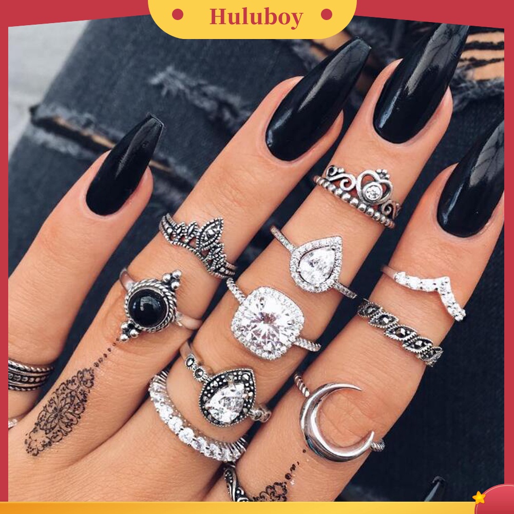 Hu Hu Hu Hu Hu Alat Bantu Pasang Kacamata♡ 10pcs Cincin Buku Jari Aneka Bentuk Warna Silver Gaya Vintage Untuk Wanita