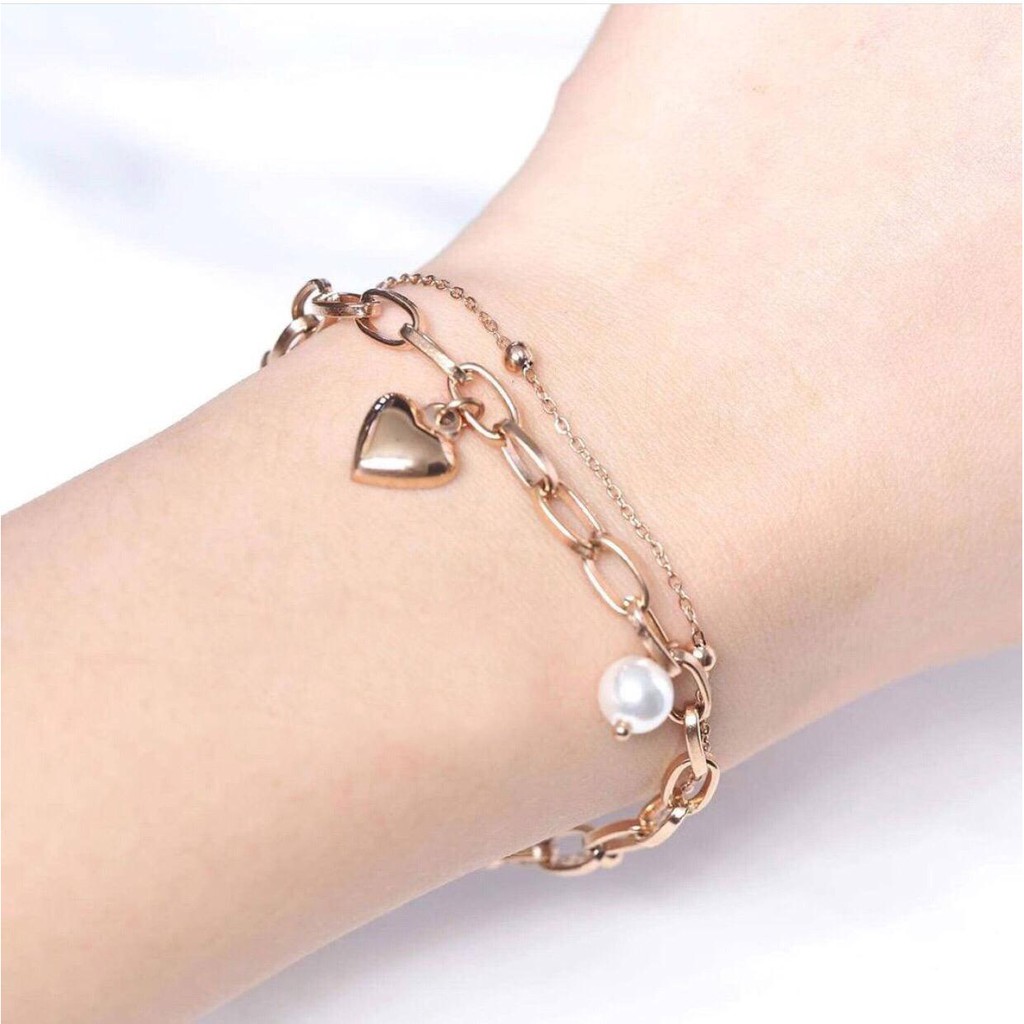 gelang tangan wanita titanium anti karat model love 2layer fashion korea