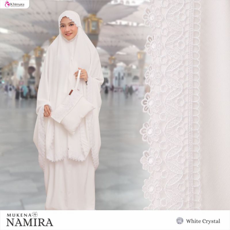 Namira Mukena Putih Hitam by Khimara | Mukenah Dewasa Haji Umroh Umrah | Rukuh Renda Bordir Kantong 